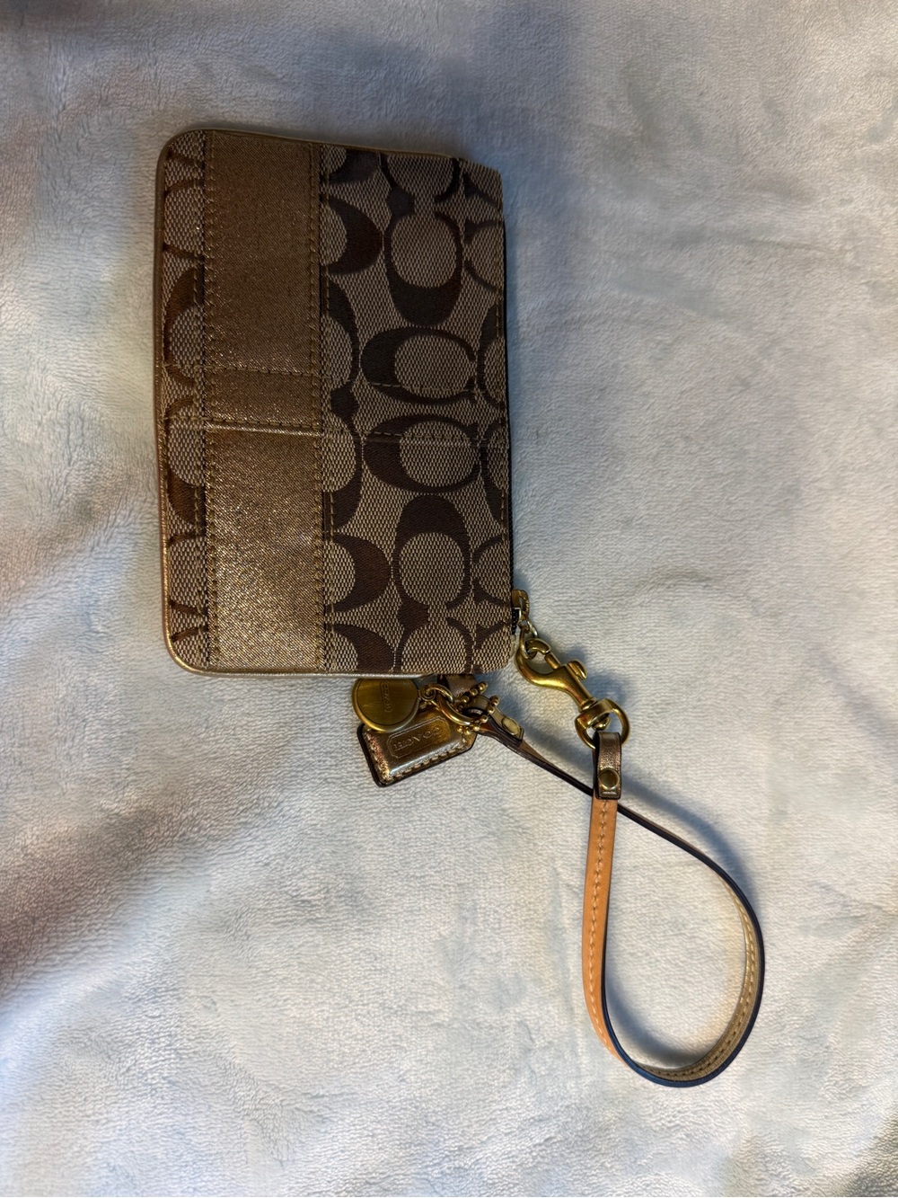Coach Brown Signature Canvas Zip Wristlet with Leather Strap